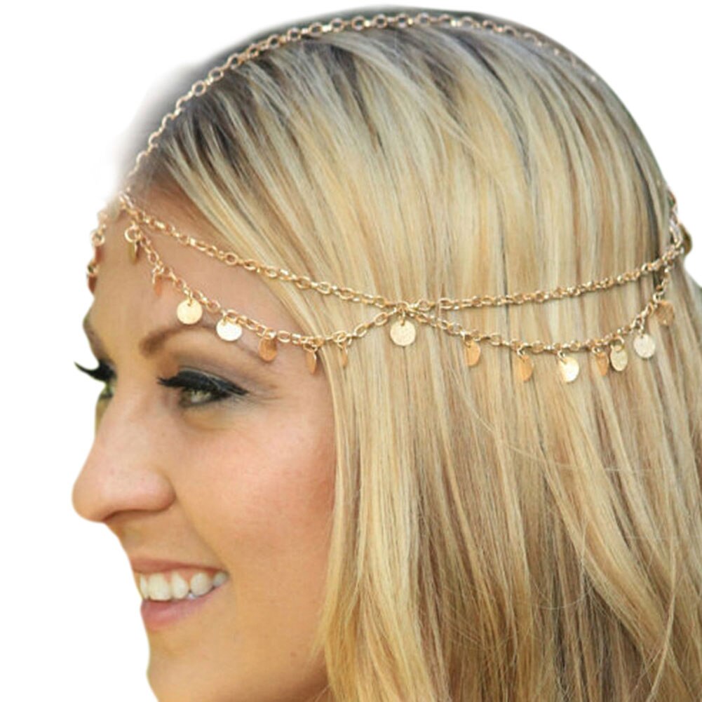 Bohemian Hair Jewelry Party Wedding Vantage Crown Metal Tassel Women Head Chain Headband Headpiece NIN668: Gold  style 4