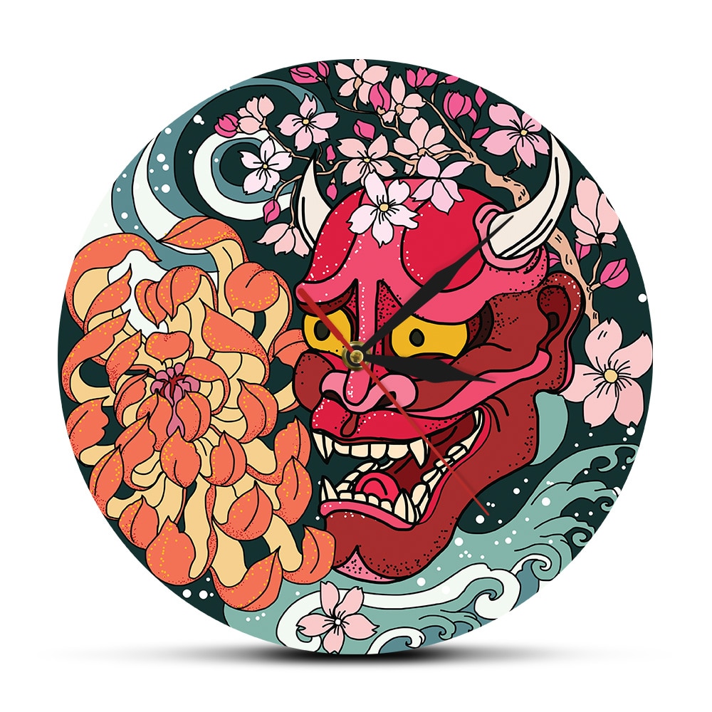 Gothic Style Red Oni Demon Mask Acrylic Wall Clock Japanese Dragon Peony Flower Wall Art Japan Sherpa Evil Home Decor Timepiece
