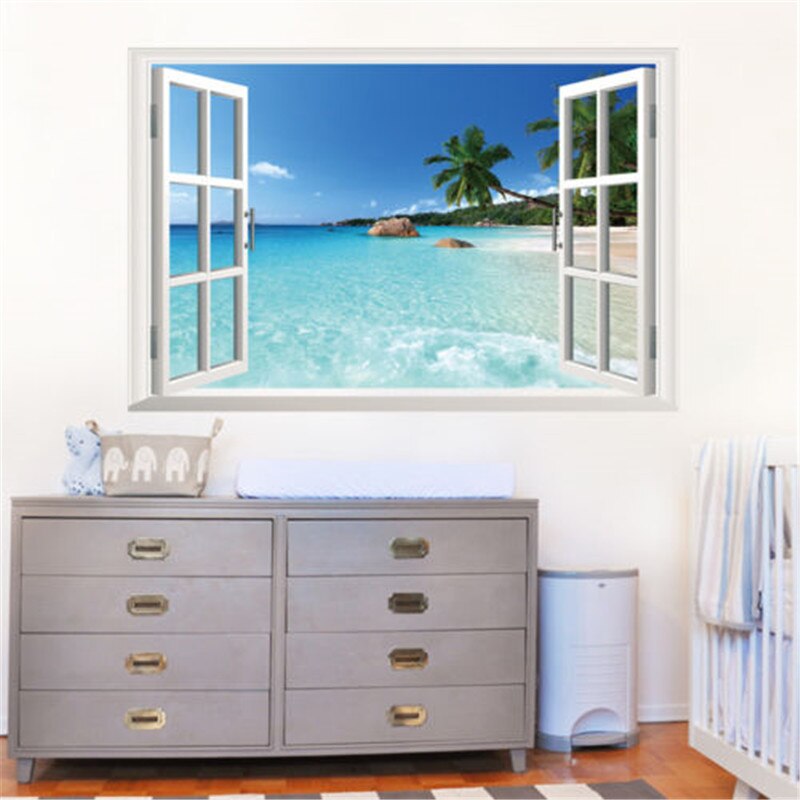 Summer Beach Wall Sticker Decor Large Removable Beach Sea 3D Window View Scenery Wall Sticker Home Decor Decals for Kids Room