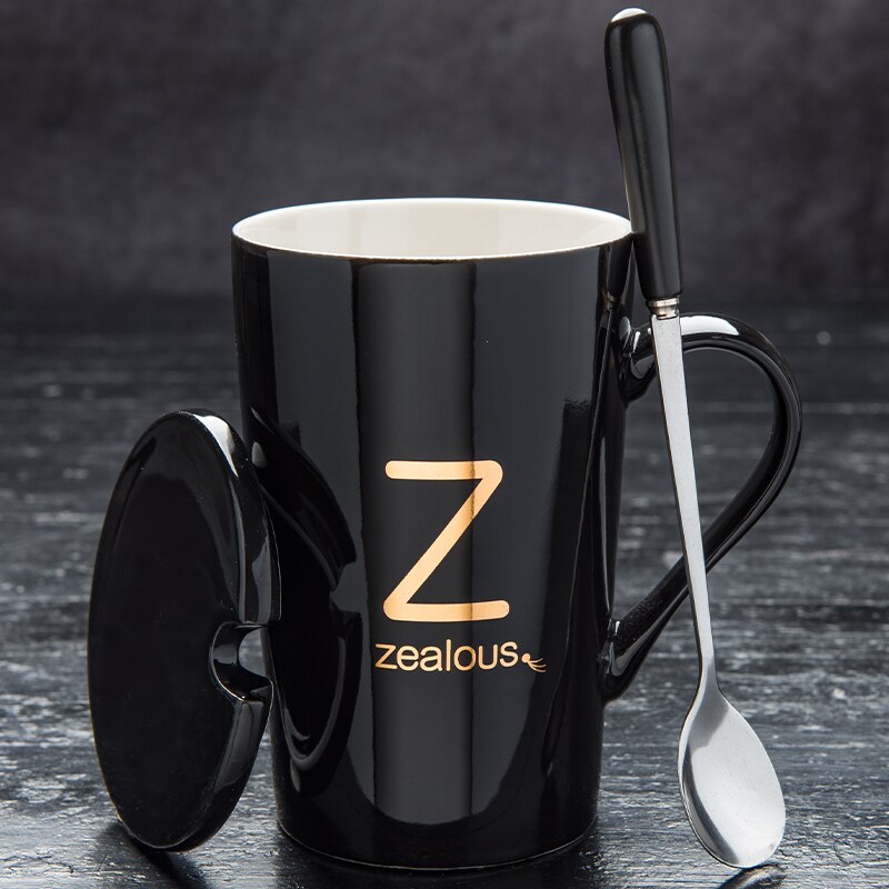 couple ceramic mug with lid spoon trend men and women household drinking cup personality milk coffee tea cup cup: F