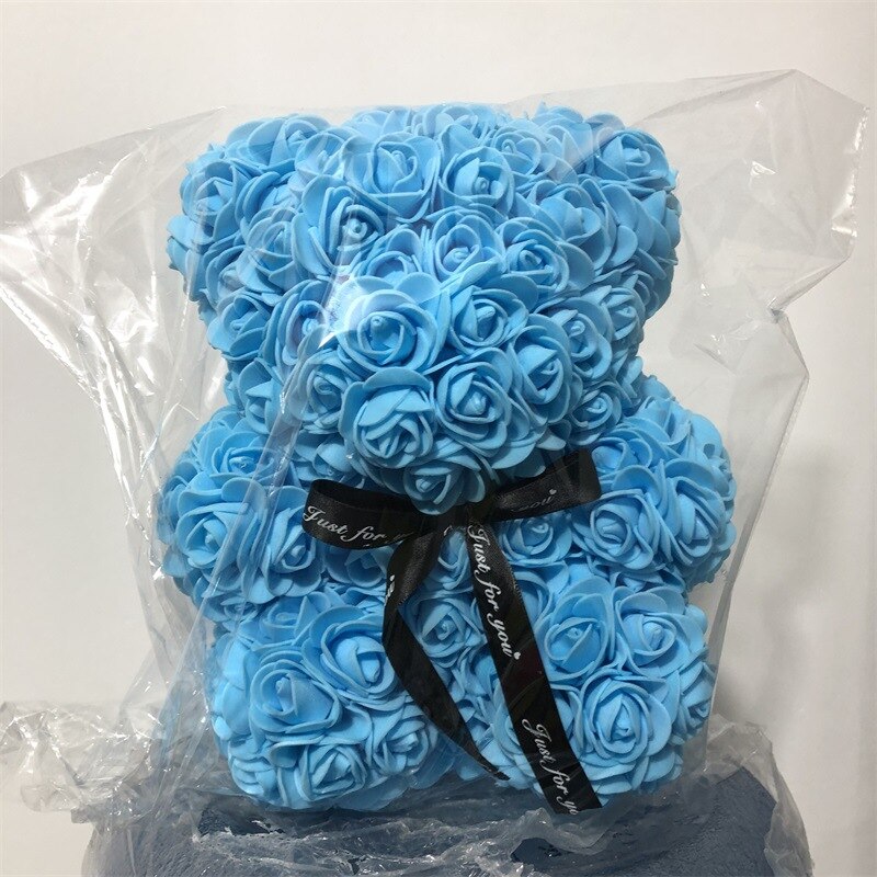 25cm Artificial Rose Teddy Bear Eternal Flower Bubble Bear Handmade Roses Bear Valentine's Day Wedding Bithday for Women: Light blue