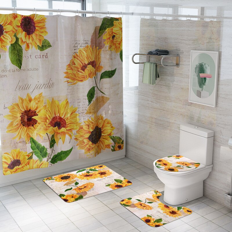 Blomster badeværelsesmåtte sæt bademåtte og bruseforhængssæt antislip brusemåtte badeværelses fodtæppe boligindretning toilet gulvmåtte: 4 stk -305