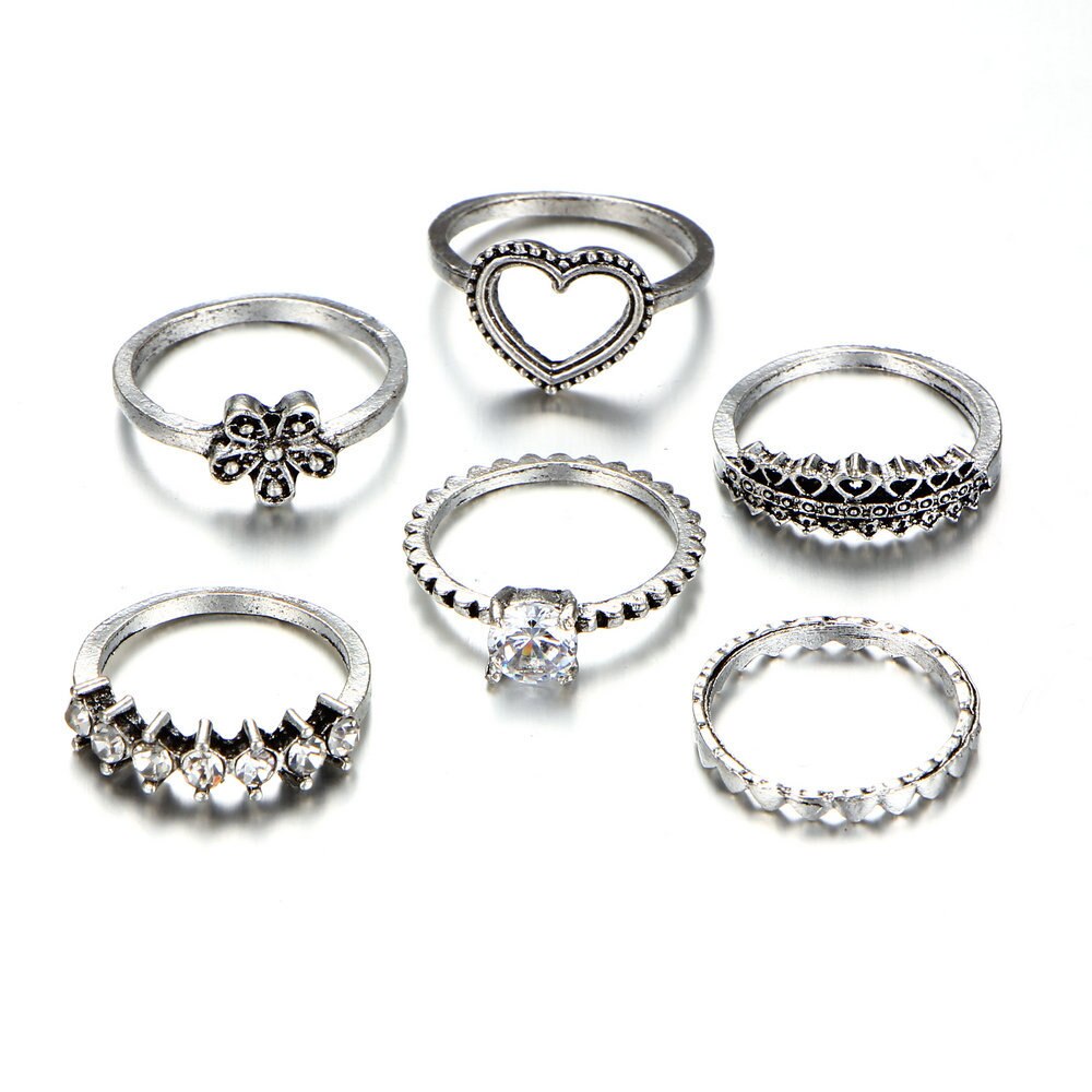 5/12 stücke Antike Silber Blume Ringe setzt Pfeil Blatt Geschnitzte Ringe setzt Strass Krone Herz Knöchel Ringe für Frauen Schmuck: herz