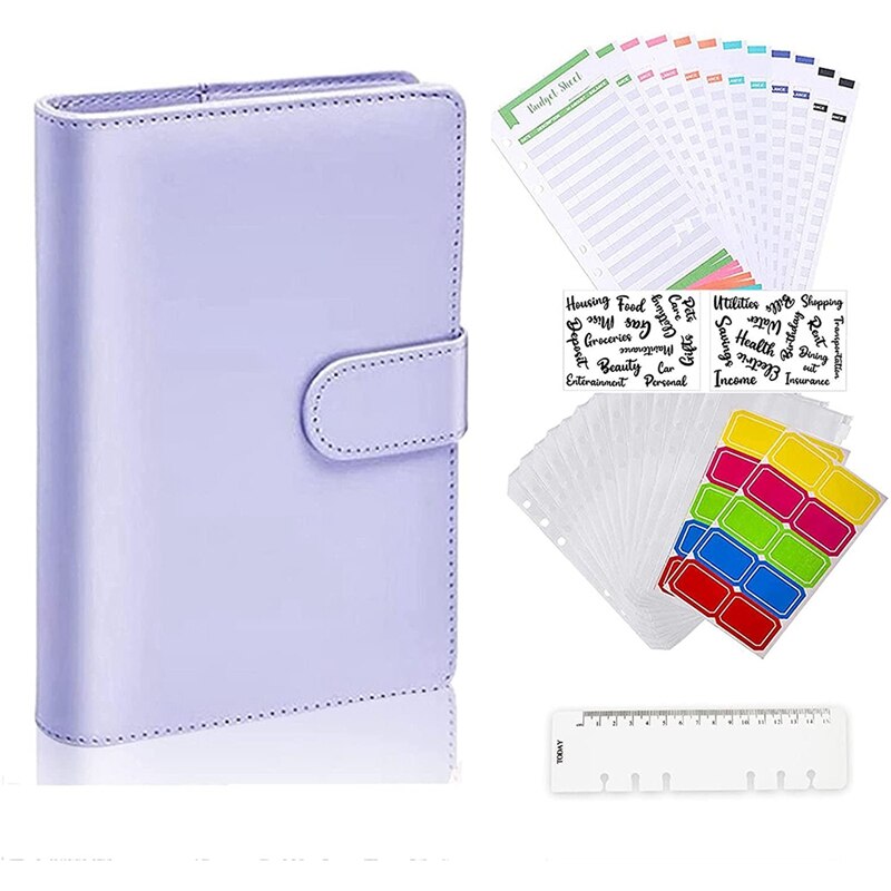 A6 Notebook Binder Budget Planner Organizer 6 Ring Binder Cover,Binder Pockets,Expense Budget Sheets Sticking Ruler: Purple