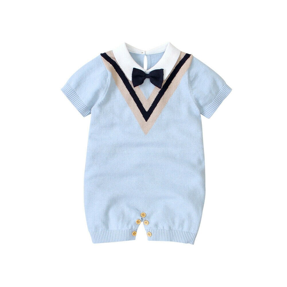 Zomer Baby Baby Jongen Rompertjes Gentleman Strik Kraag Zachte Romper Overall Outfit 0-24M: Sky Blue / 6m