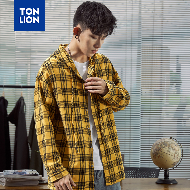 TONLION, camisa amarilla a cuadros para hombre, camisa para hombre con capucha, a la de manga larga Camisa con capucha, Tops sueltos casuales, camisa amarilla para hombre, Primavera