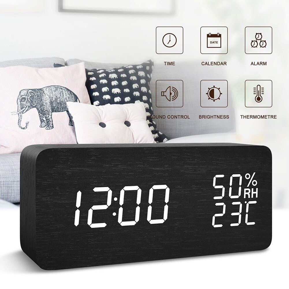 Multifunction Electronic LED Wooden Alarm Clock Digital Voice Control Temperature and Humidity Clock 15cm x 4cm x 7cm