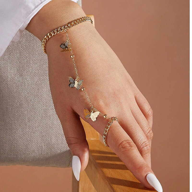 Pulsera de mariposa con anillo para dedo para mujer, cadena de muñeca para mujer, joyería estética , GIifts, anillos de mariposa, pulsera