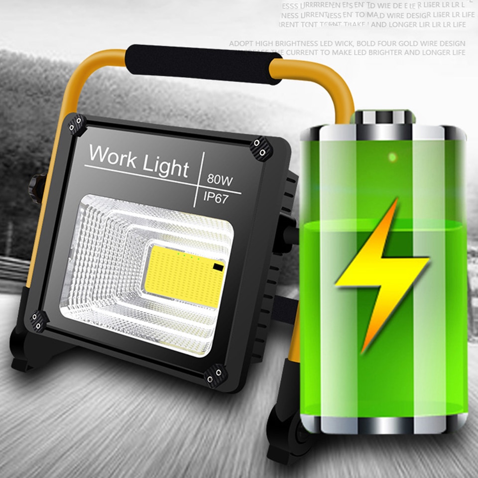 Solar Working Light 80W Waterproof IP67 Built in 18650 Battery Charge in Sun or Usb Rechargeable Industrial Portable Flood Lamp