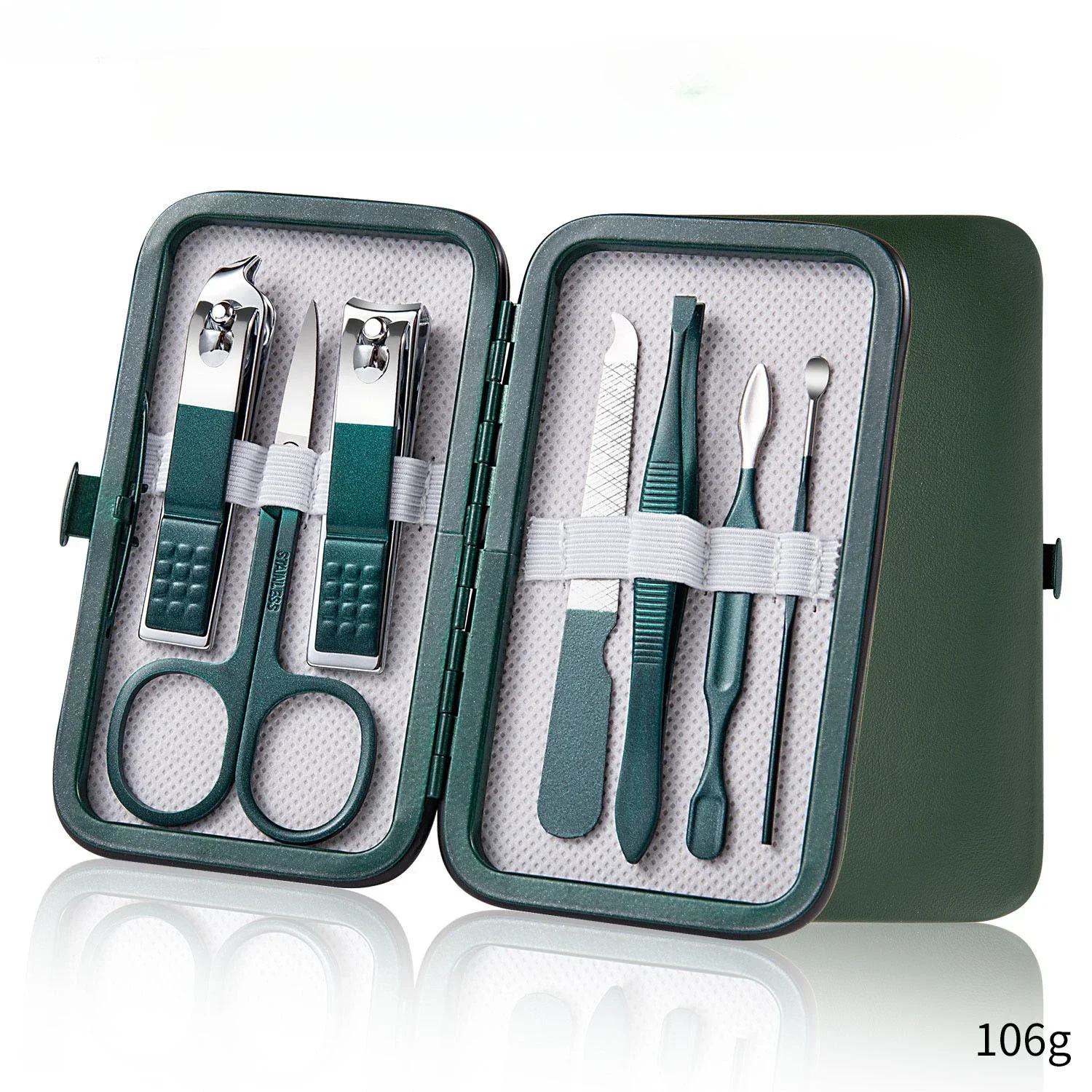 juego de cortaúñas de acero inoxidable con Estuche De Viaje de cuero, juego de herramientas de aseo verde para manicura, herramienta para el cuidado de los pies en el hogar: Caqui oscuro