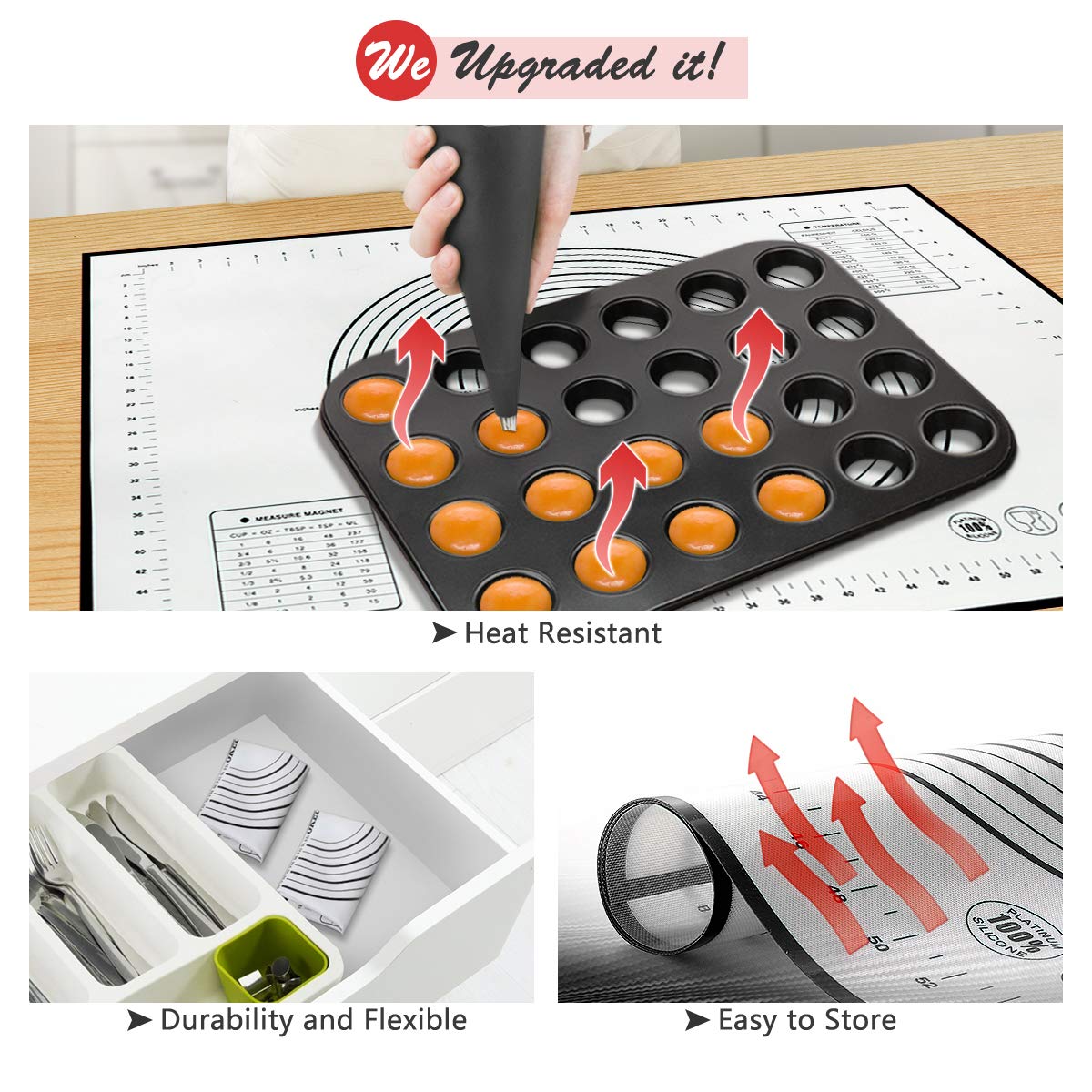 Large Size Silicone Baking Mat Sheet Non Stick Kneading Pad With Measurement Fondant Mat Fiberglass Rolling Dough Pad Oven Liner