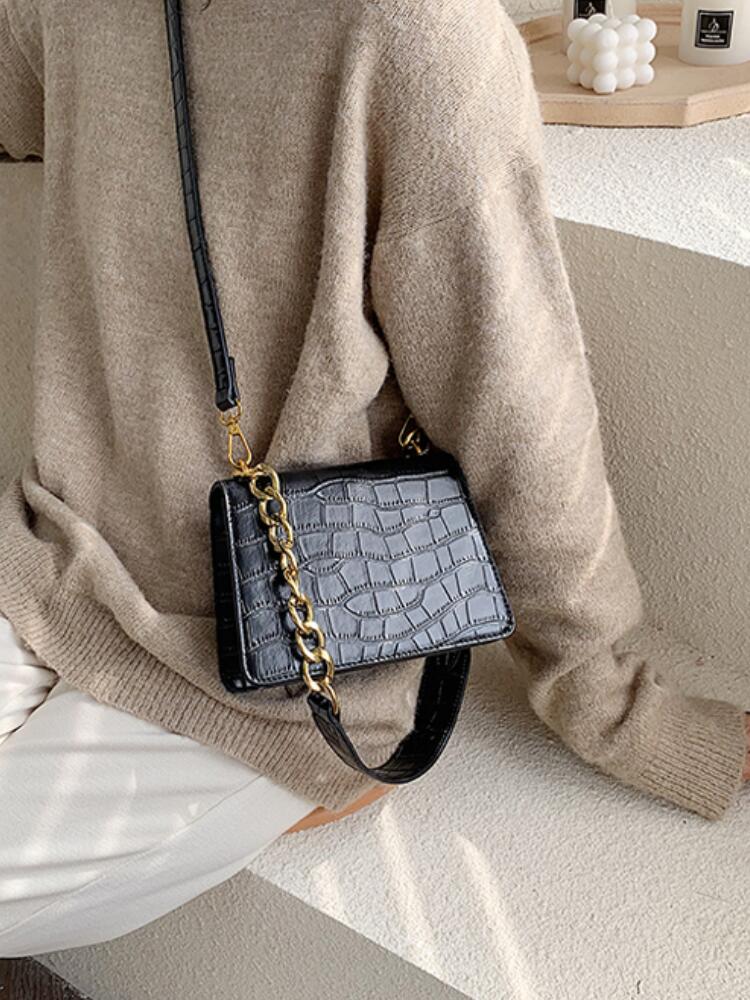 Sac fourre-tout en cuir PU femme, bandoulière, motif pierre, sacoche, bandoulière avec chaîne, ,