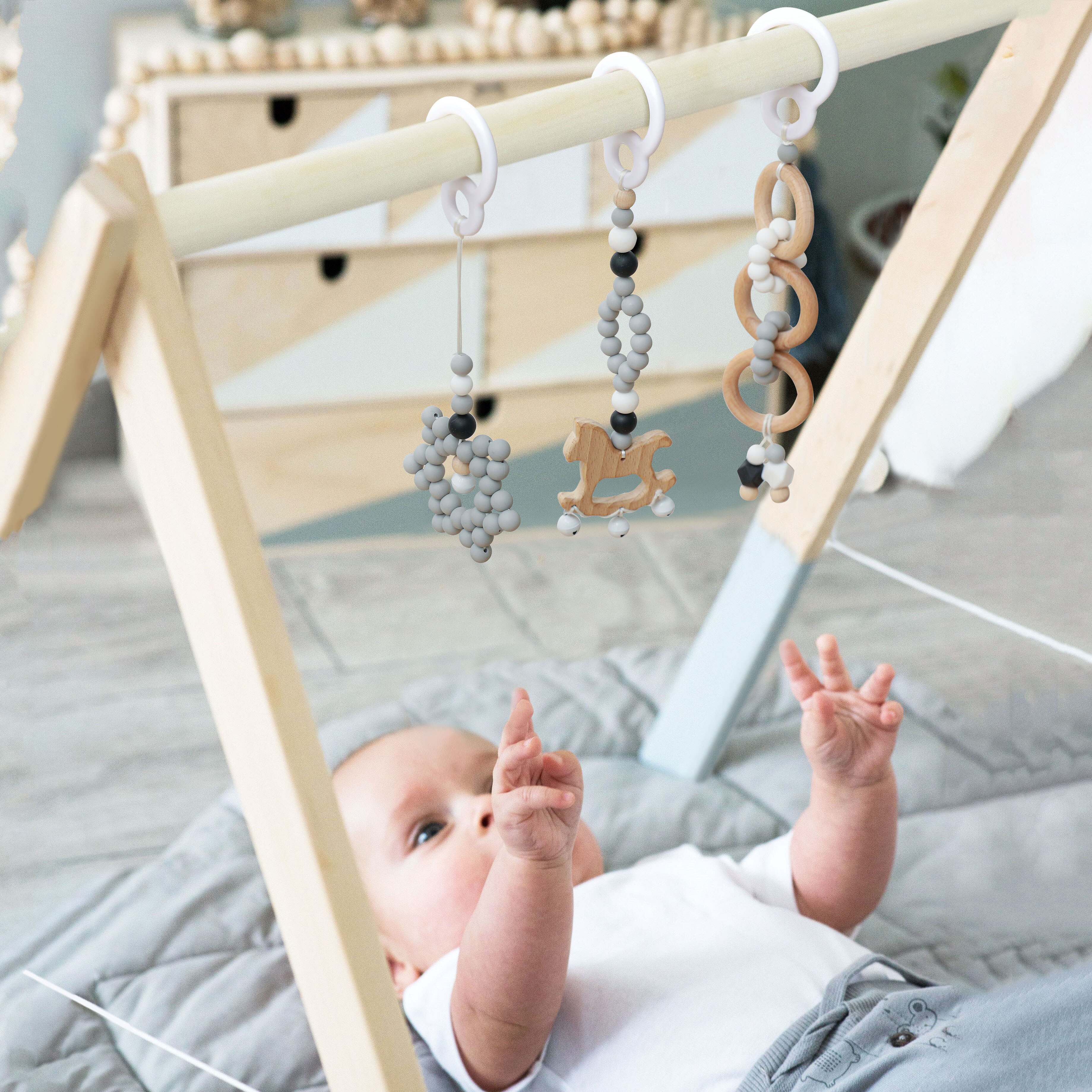 Baby Tandjes Speelgoed Food Grade Houten Baby Gym Frame Wandelwagen Opknoping Hangers Ring Bijtring Molaire Tandjes Rammelaars