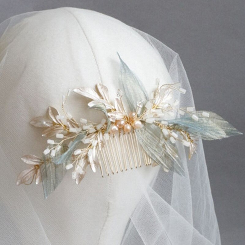 metal Leaves Pearl Mori crepe Hair combs women girls party Headwear bride headpiece