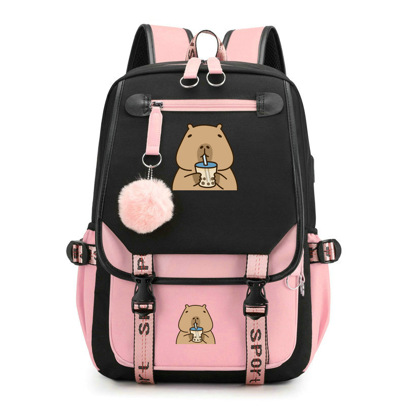 Mochila escolar para niños y adolescentes, mochila escolar Kawaii Capybara para niñas y niños, mochila para adolescentes, mochila con carga Usb: Negro