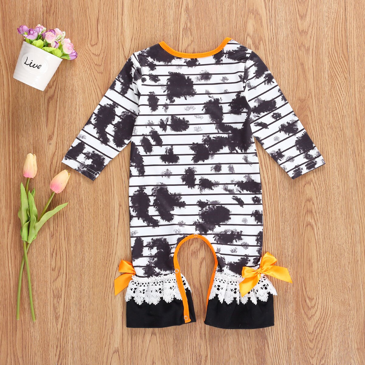 FOCUSNORM Herbst Baby Mädchen Jungen Rompers Halloween binden-Farbstoff gedruckt lang Ärmel Rüschen Jumpsuits Outfits