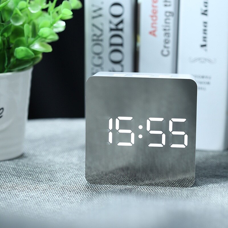 LED Electronic Alarm Clock USB Digital Mirror Clock Morning Table Clock Wake Up Light Time Temperature Display Home Decoration: Square No Adapter