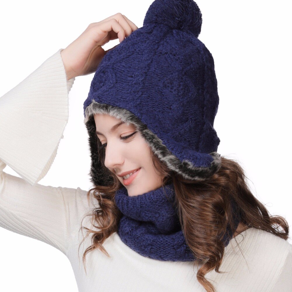 Fancet kvinder vinter bomber hat sæt varm uld blød pompon øreklap hatte solidt tørklæde balaclava søde afslappede kasketter hatte 89216