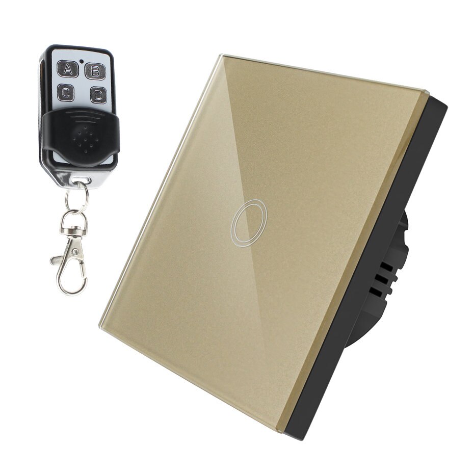 Interruptor táctil LED con 1/2/3 entradas, 220V, Sensor estándar para UE/RU, interruptor inalámbrico para lámpara de pared con Control remoto, Panel de vidrio templado de 433MHz: Gold 1 gang Remote