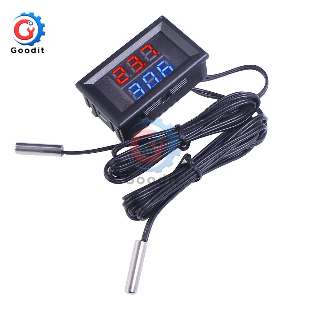 Mini LED Dual Display Digital Thermometer DC 4V-28V 0.28 inch w/ Dual NTC Waterproof Metal Probe Temperature Sensor Tester for I: 3 Bits Red Blue