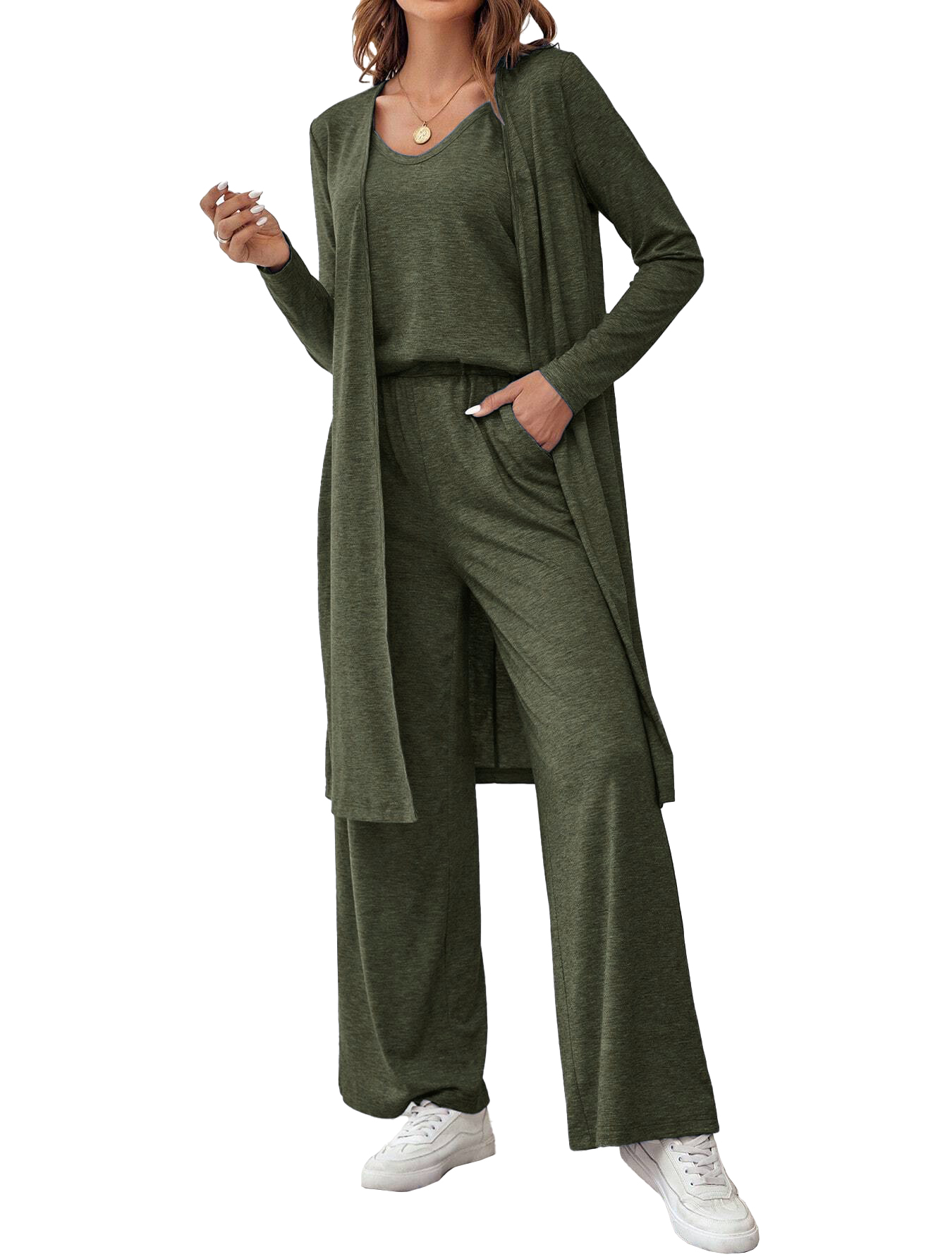 Autumn casual loose three piece set women's vest pants cardigan three piece set V-neck suspender+straight leg pants+: S / green