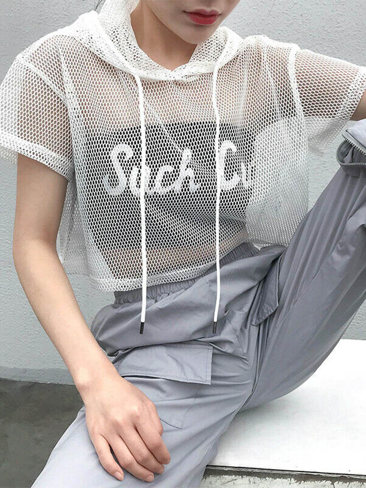 T-Shirt à Capuche en Maille Creuse pour Femme, Manches Courtes, Noir, Transparent, Swxy, Wlwear, ix