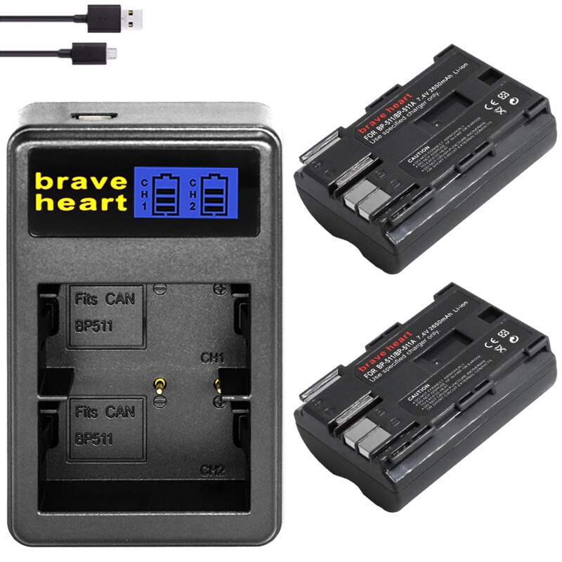 BP-511 BP-511A 2650mAh Camera Battery BP511 BP 511 For Canon EOS 40D 300D 5D 20D 30D 50D 10D D60 G6 BP 511A: charger and 2battery