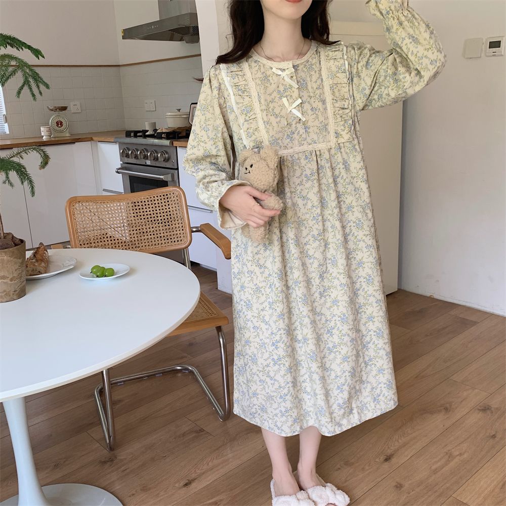 Floral Print Nightgown Sleepwear Womens Korean Style Ruffles Night Dress One Piece Pajamas Autumn Long Sleeve Bow Home Wear