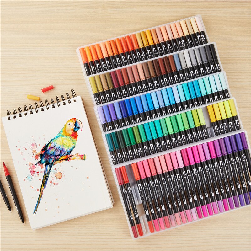100 farger dobbel spiss kunst tusj penner akvarell tusjer penn tegning fine liner maleri pensel skoleutstyr 04350
