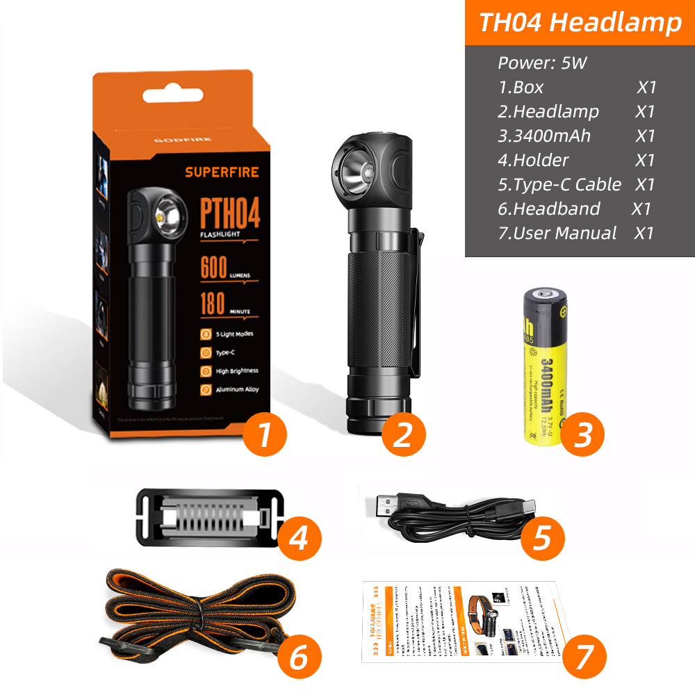 Superfire  th04 kraftfuld led-pandelampe usb-c genopladelig 90 ° hovedlommelygte 18650 batterier edc-lommelygte udendørs campinglanterne: Rgb