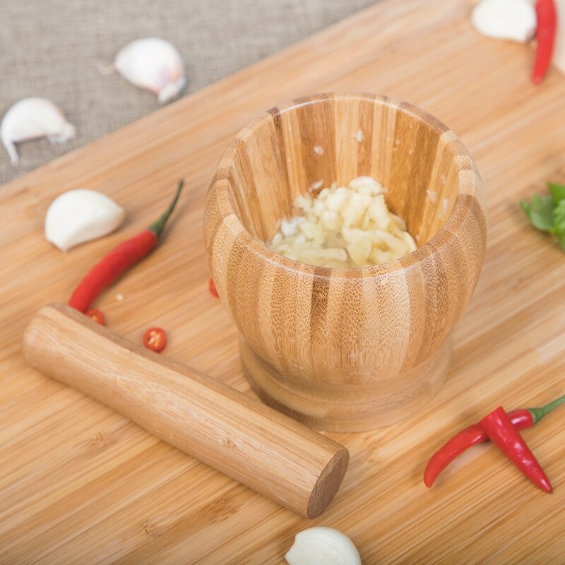 Pestle slibeskål sæt bambus mørtel og pistil piedestal skål hvidløg pot krydderi peber mølle værktøj køkkenredskaber