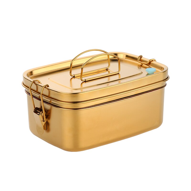 Double layer bento Lunch box stainless steel kitchen tableware Food Container dinner ware with Cover metal food serving tools: Gold