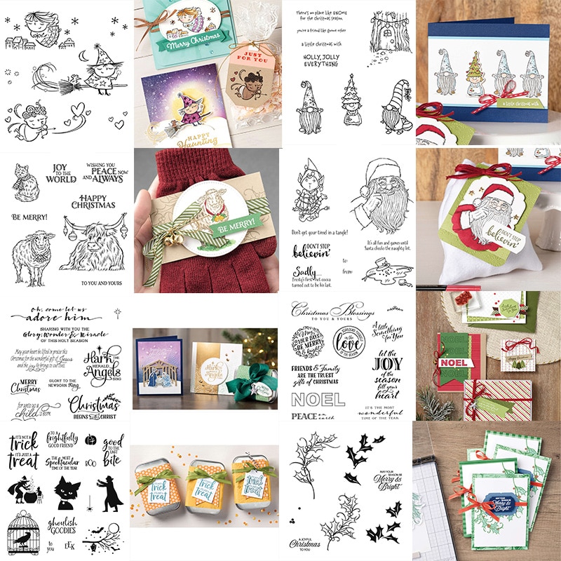 Kerstscènes met vrolijke halloween-heksen, zwarte katten, kabouters, transparante stempels voor doe-het-zelf scrapbooking, knutselen, kaarten maken
