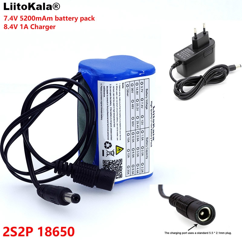 LiitoKala Beschermen 7.4 v 5200 mah 8.4 v 18650 Li-ion Batterij fietsverlichting Hoofd lamp speciale batterij DC 5.5mm + 1A Charger