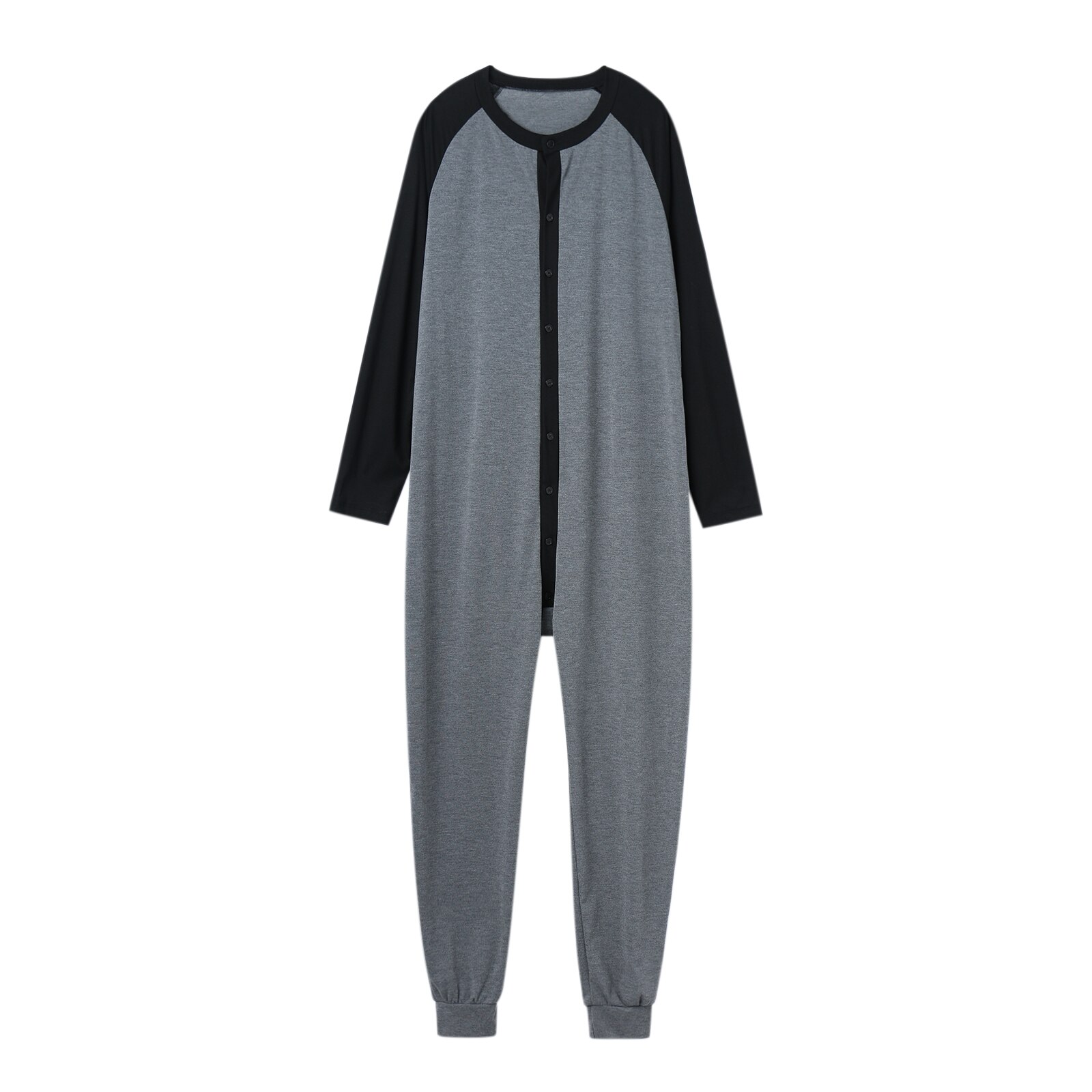 Mannen Diverse Kleur Een Stuk Pyjama Lange Mouw Ronde Kraag Knop Open Voorzijde Nachthemd Jumpsuits Homewear: Grijs / Xxl