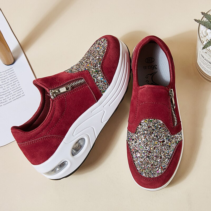 Lynlås wedges sko til kvinder sneakers zapatillas fitness udendørs sportssko luftpude shake teni feminino sko toning: Rød / 7