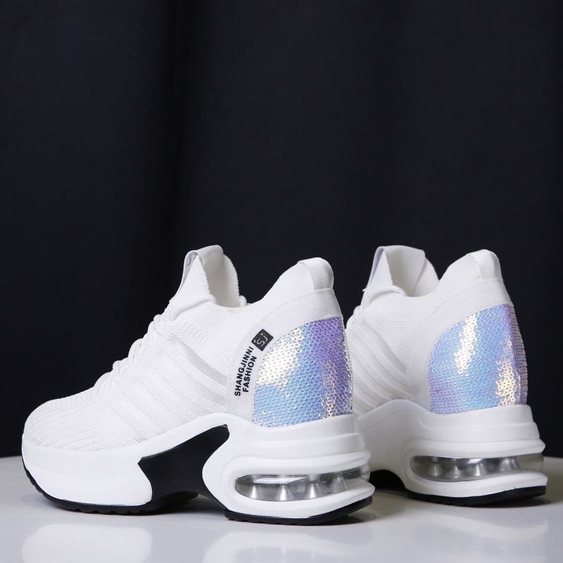 Women Sneakers 9 CM High Heel Women Bling Shoes Mesh Wedge Casual Shoes Summer Breathable Walking Shoes