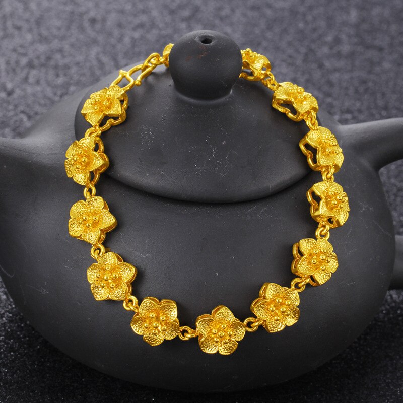 24k Vietnam Alluvial Gold Hand Chain for Women Brass Rose Flower Chain Charm Bracelets Bangle Jewelry