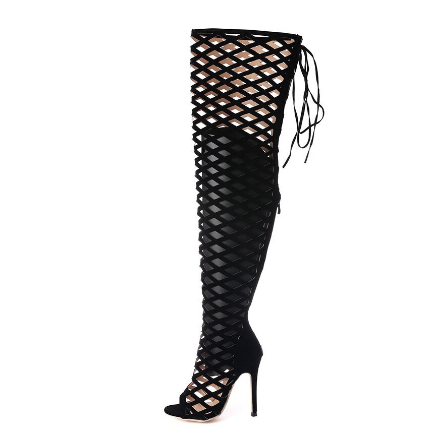 Summer Women Thigh High Gladiator Boots High Thin Spike Heel Open Toe Cutout Red Flock Lace Zipper Lady Sexy Over The Knee Boots: 37
