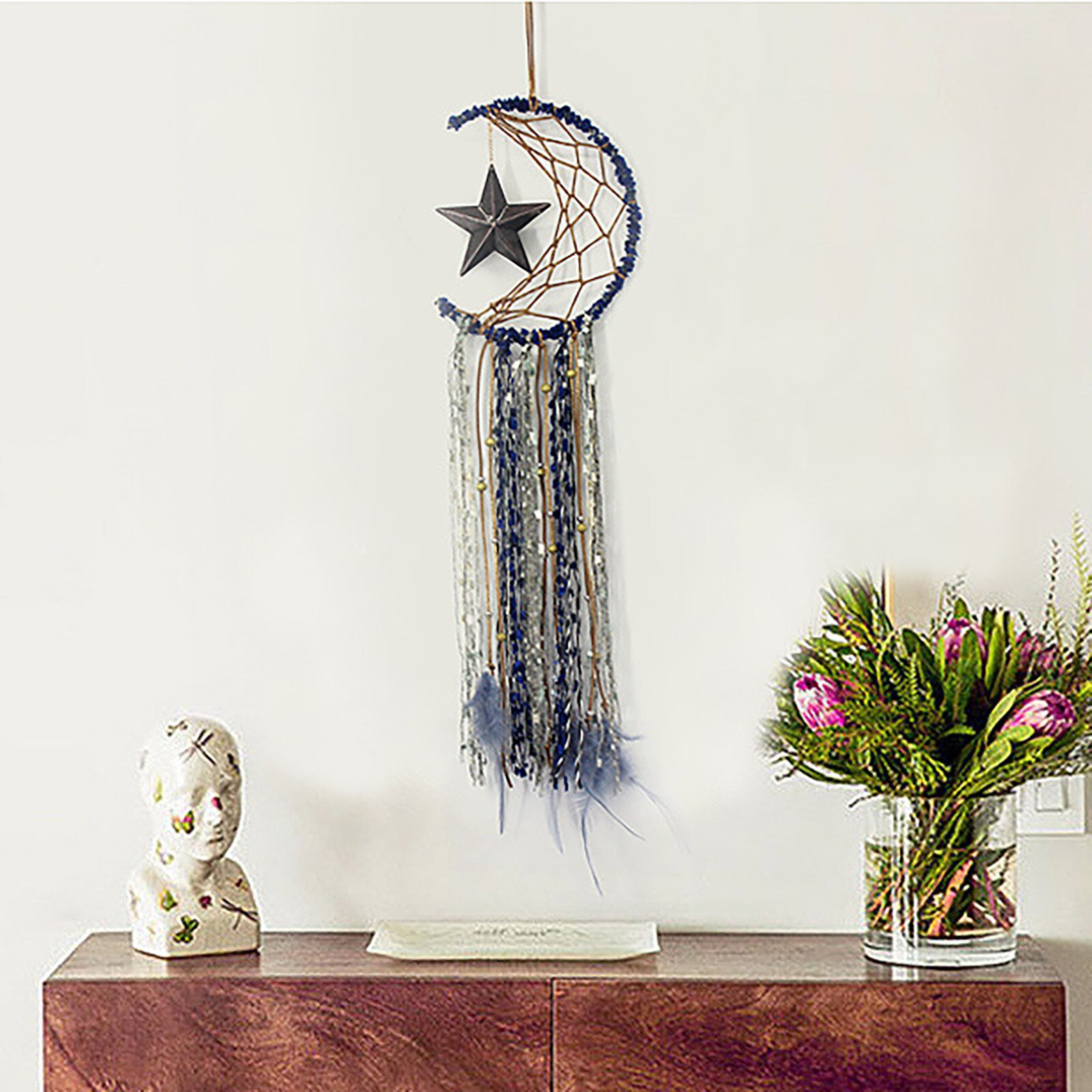 Dremisland Moon Dream Catcher met Fairy Lights Handgemaakte Groen Turquoise Hanger Muur Opknoping Ornament voor Thuis Slaapkamer Wanddecoratie Craft Gift (Blauw & Paars