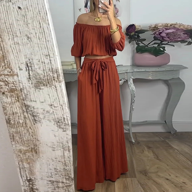 Sommerlig rett løst antrekk sexy enskuldret topp med knytebukser damesett retro ensfarget kortermet pendlerdress