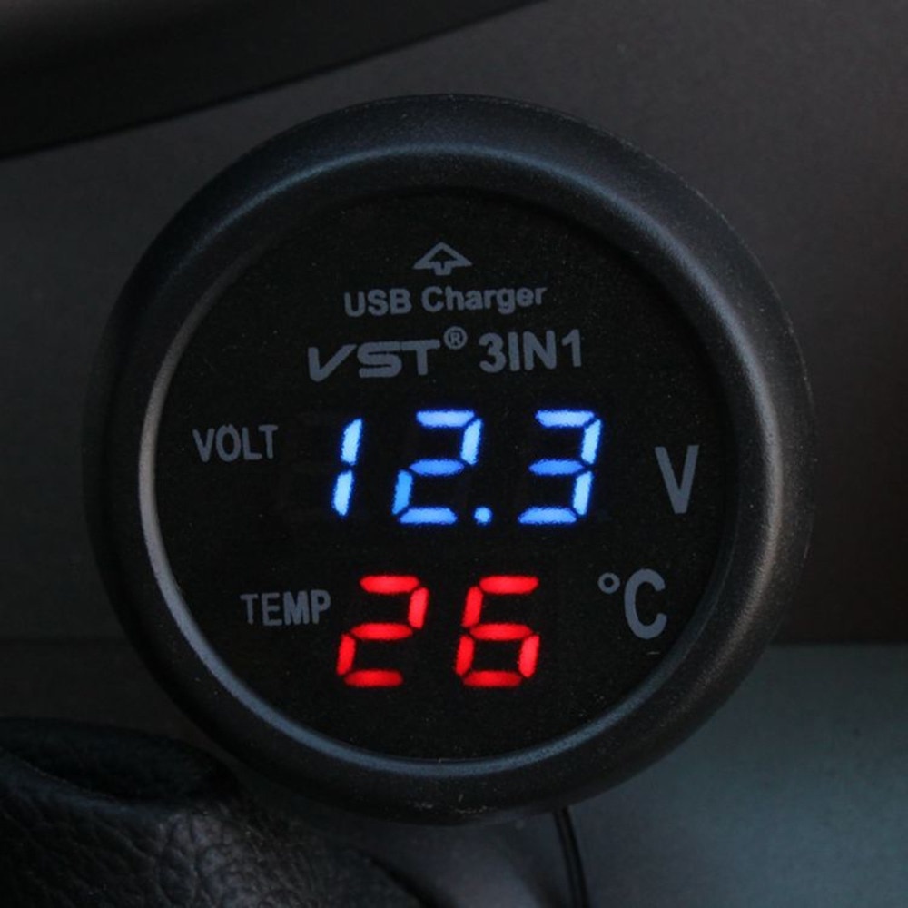 3in1 Car Phone Charger Digital Voltmeter Thermometer 12/24V USB Car Charger