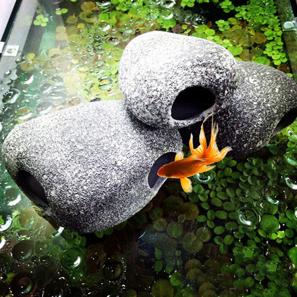 1pc Stones For The Aquarium Ceramic Rock Cave Fish Tank Stone Aquarium Decoration With 2 Holes