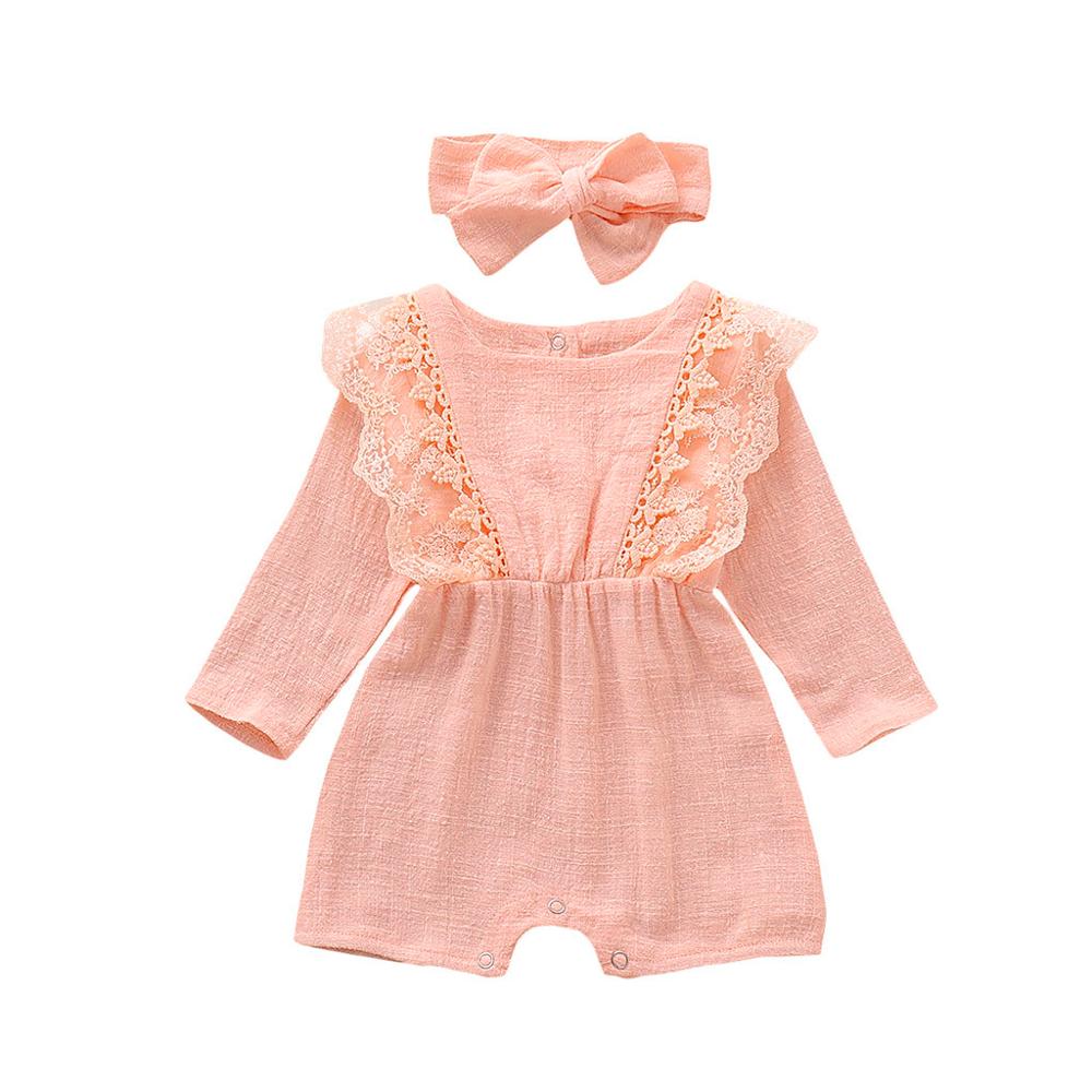 Autumn Winter Toddler Newborn Kids long sleeve lace Romper Infant Baby Girls Romper Jumpsuit Clothing Outfits Hair Band Outfit: Pink / 6M