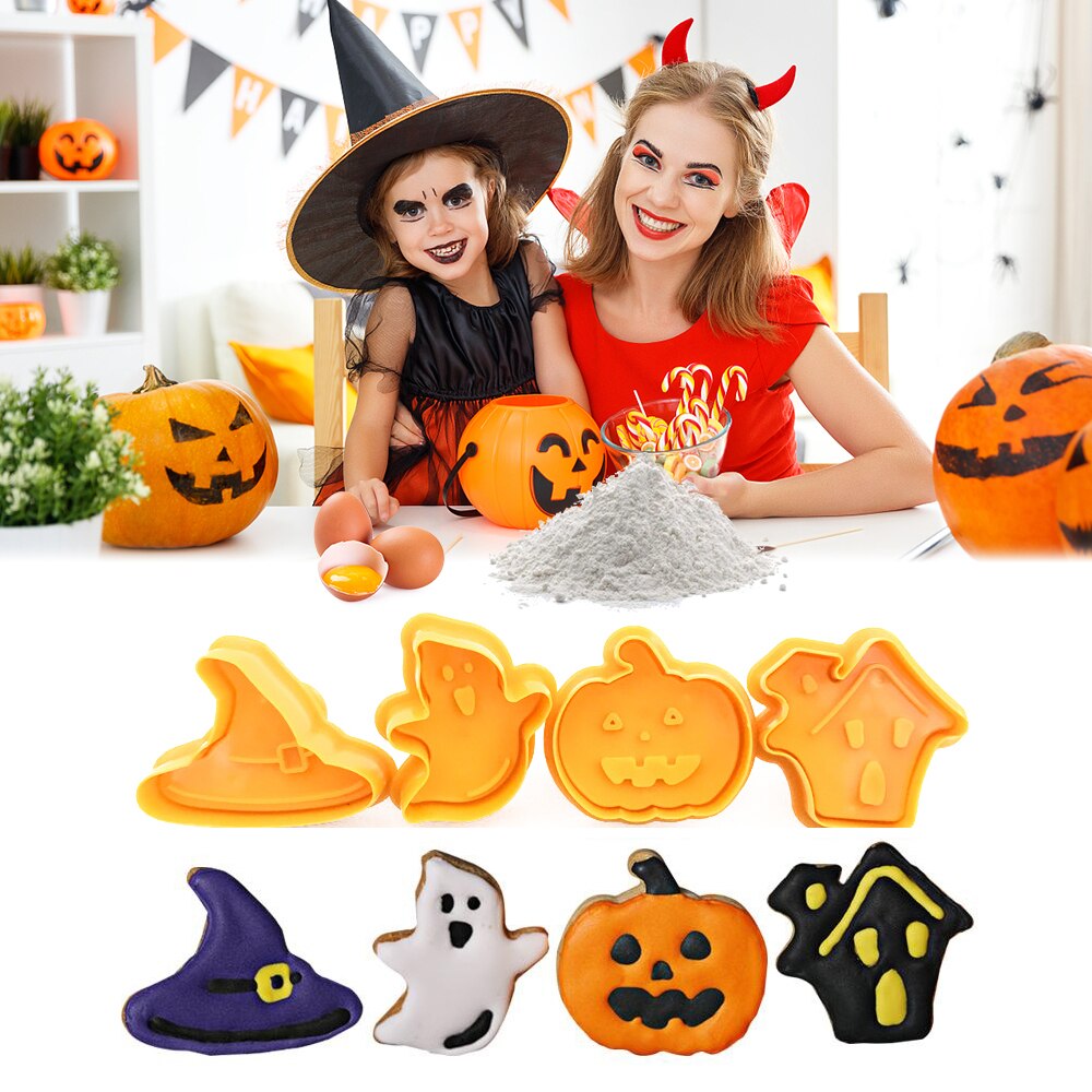 4 Stks/set Halloween Cookie Stempel Biscuit Mold 3D Cookie Plunger Cutter Diy Bakvorm Halloween Cookie Cutters Voor Keuken Tool