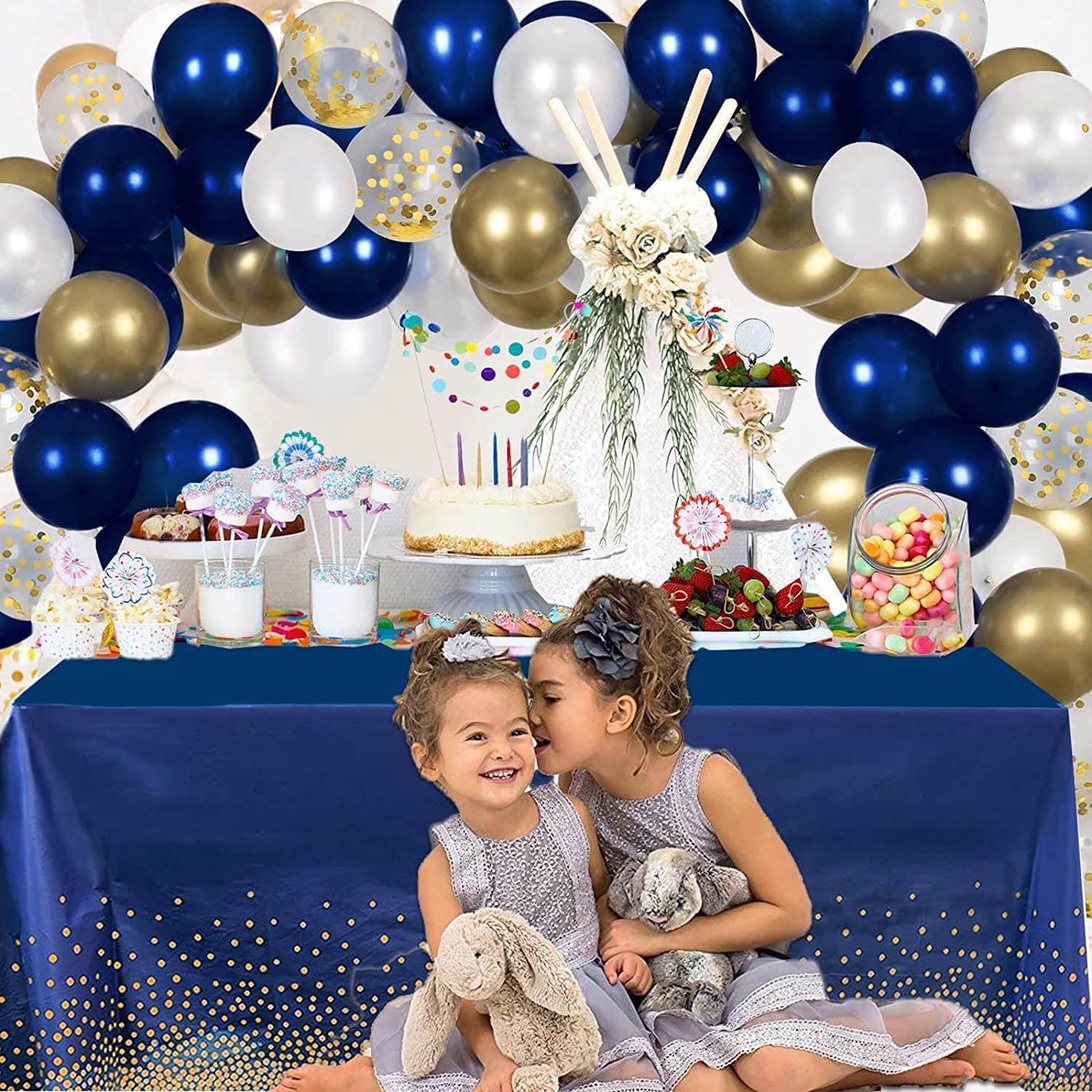 Globos de látex de color azul real, dorado y Beige, decoraciones colgantes para de cumpleaños de niño, bandera de papel, pompón, flor, corazón, guirnaldas con borlas