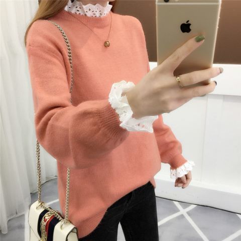 Lace Pullover Sweater Women 2022 Winter Spring Stitching Round Neck Loose Fit Warm Base Knitted Sweaters Sweet Female Flower: Orange
