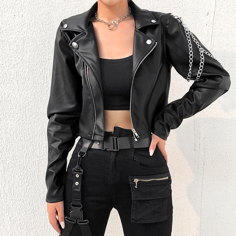 Imiteret læder jakke cropped kvinder jakke punk harajuku sort kort frakke kvinde gotisk langærmet overfrakke med kæder: Xl