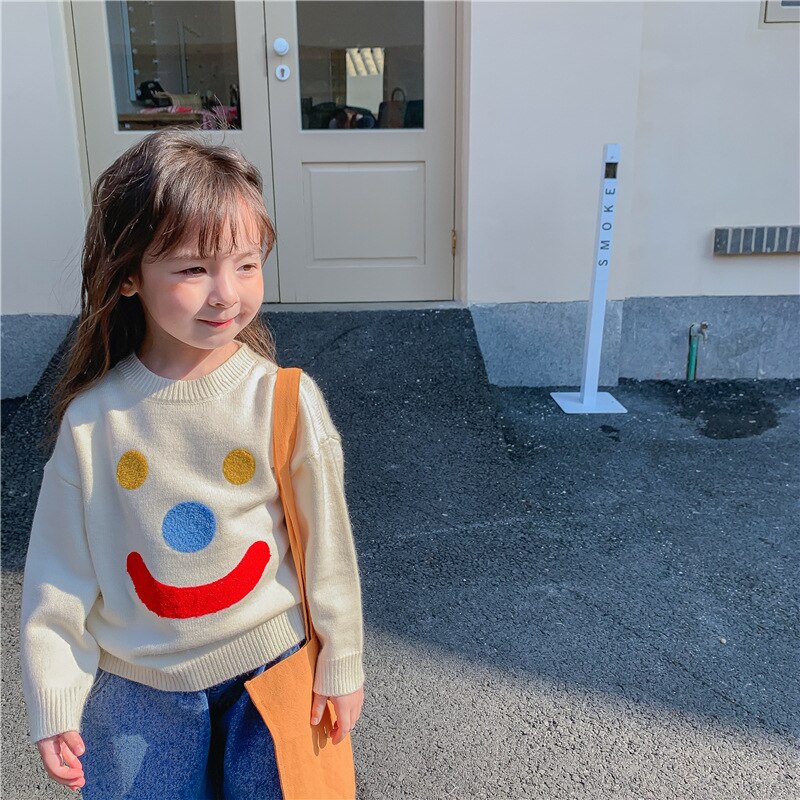 Children's 2022 spring clothes new girls Korean smiling face sweater loose Pullover Top 4-22
