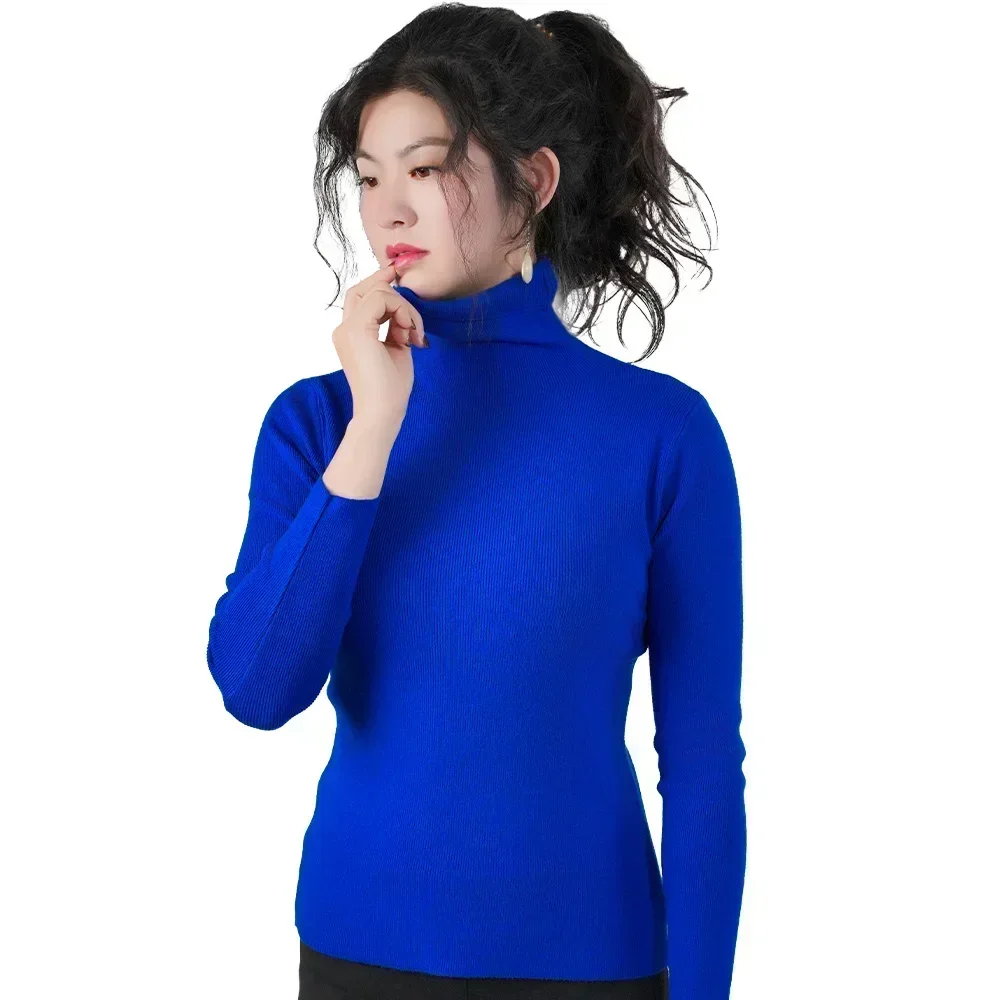 Damegenser vinter varm strikkeplagg med høy krage langermet slanke gensere dame termotopper klær pullover polohalsgensere: Blå